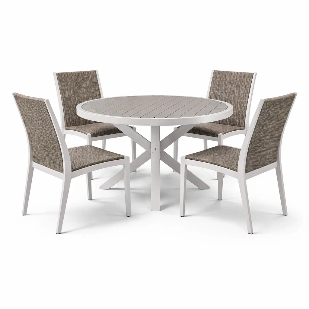 Set tavolo e sedie da pranzo rotondo in metallo con sedie in tessuto marrone chiaro-DREAMCHICNEST