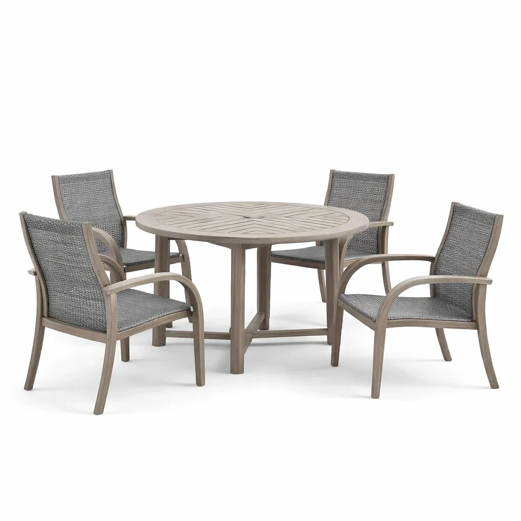 Set tavolo e sedie da giardino rotondo in legno con sedie in tessuto sintetico grigio-DREAMCHICNEST