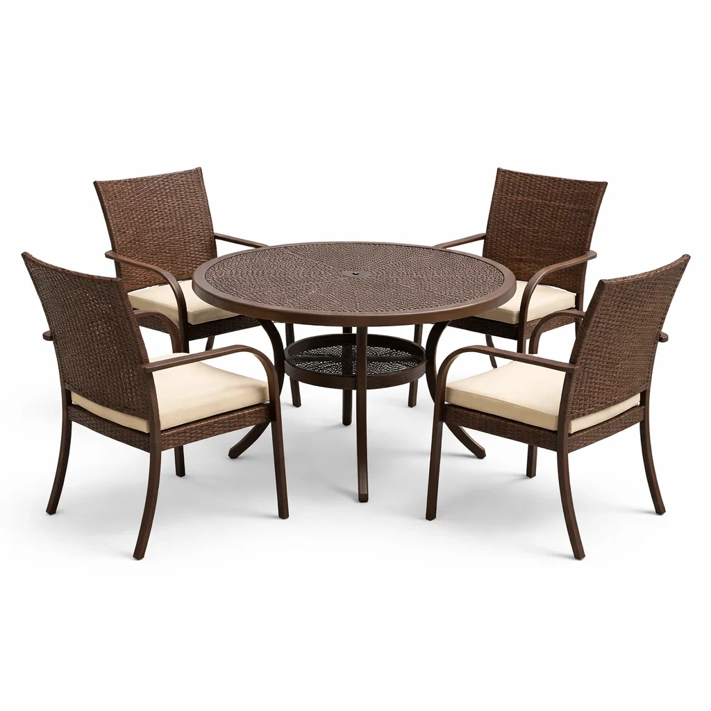 Set tavolo e sedie in acciaio e rattan marrone con sedie imbottite-DREAMCHICNEST