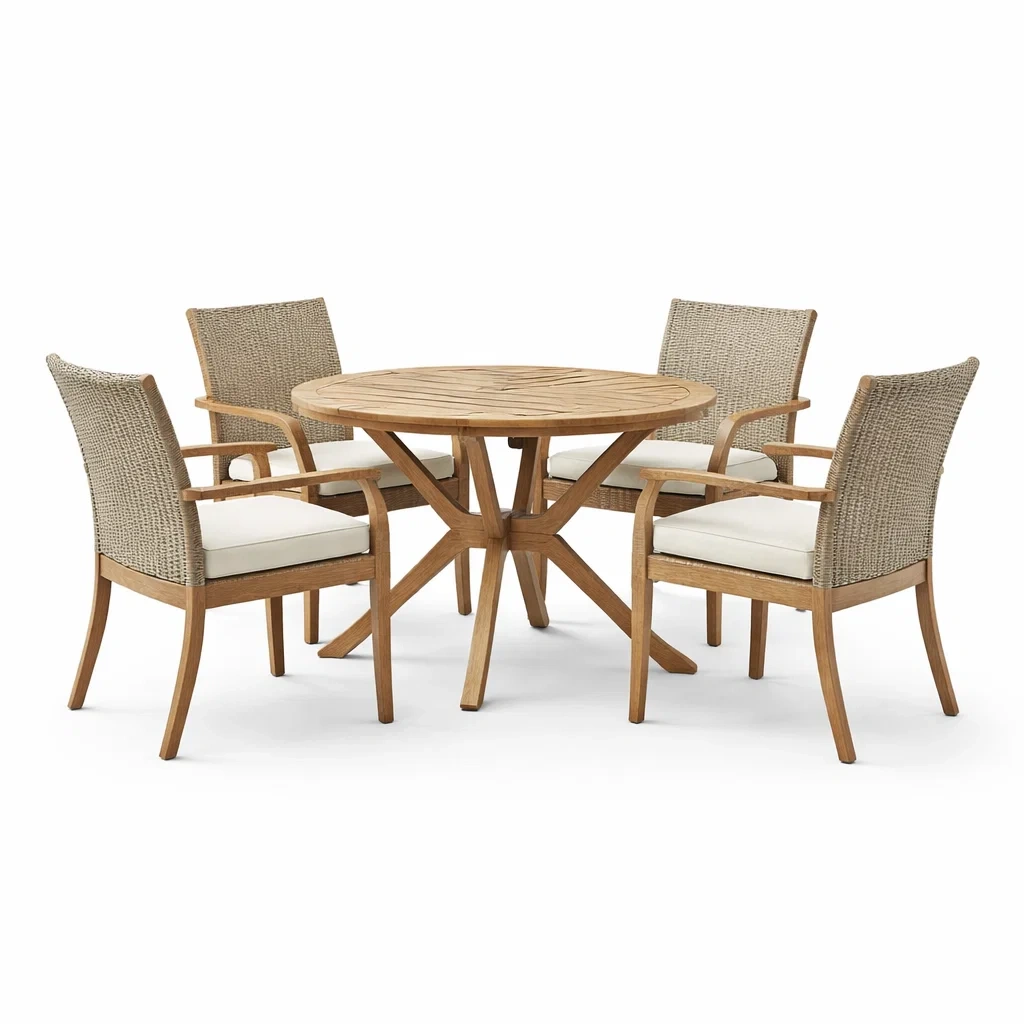 Set tavolo e sedie in teak e rattan sintetico-DREAMCHICNEST