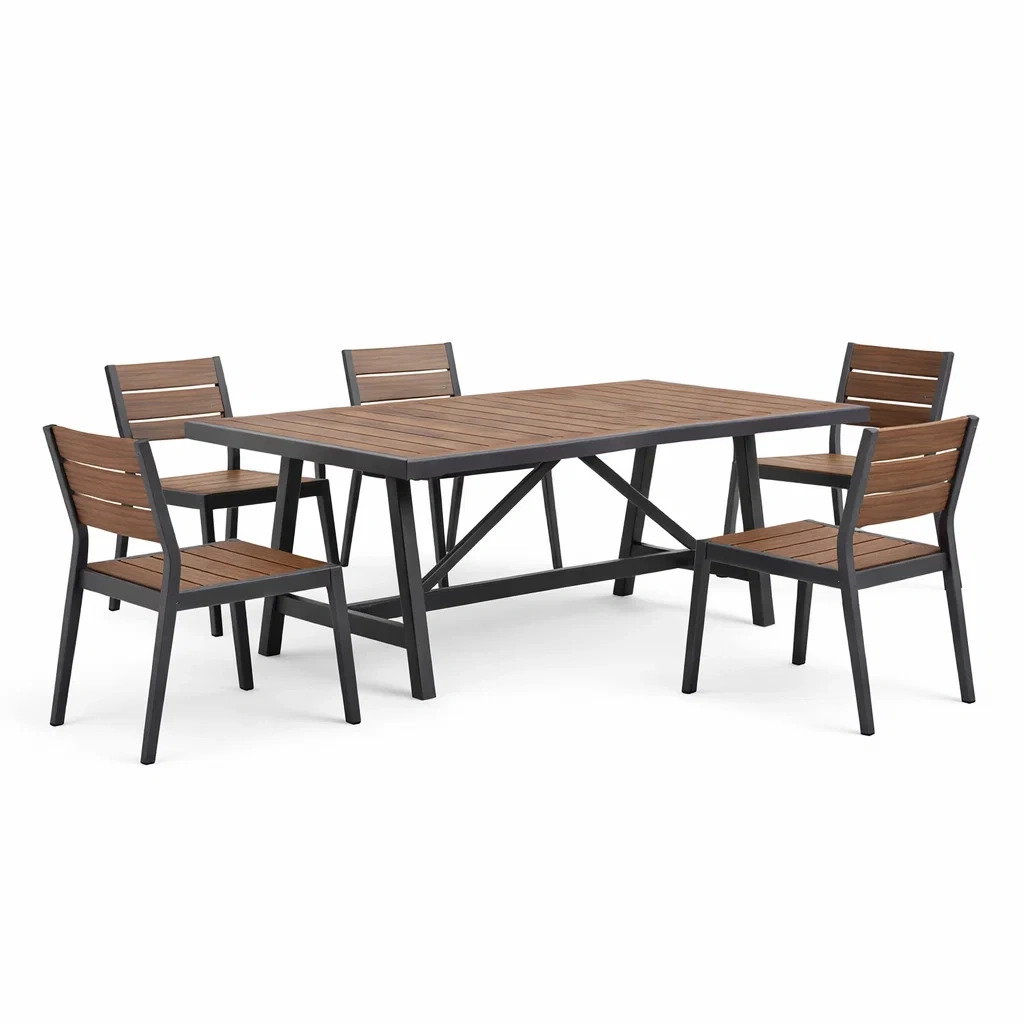 Set tavolo e sedie da pranzo in metallo e legno marrone-DREAMCHICNEST