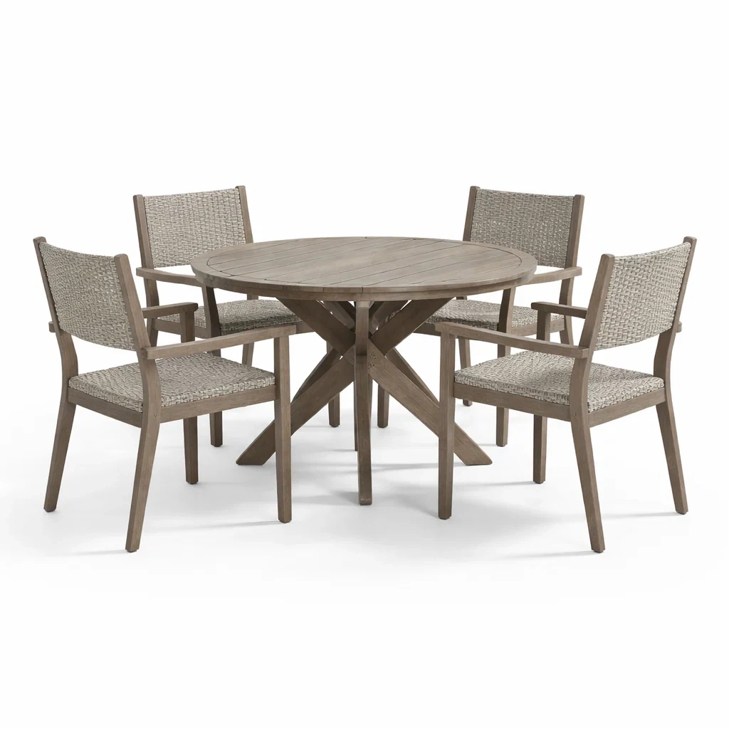 Set tavolo e sedie in legno di acacia e rattan sintetico grigio-DREAMCHICNEST