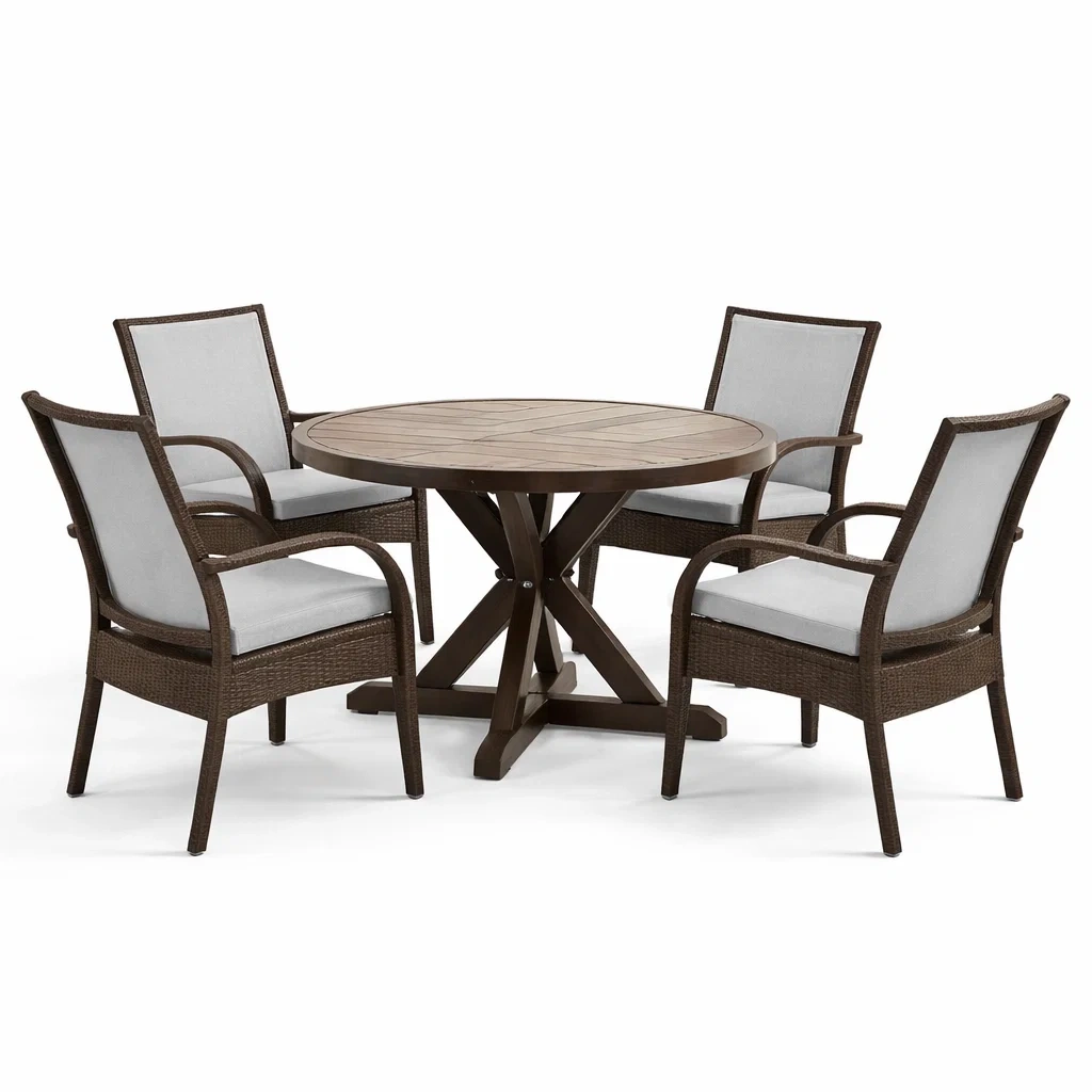 Set tavolo e sedie da giardino in legno con sedie in rattan marrone e grigio-DREAMCHICNEST