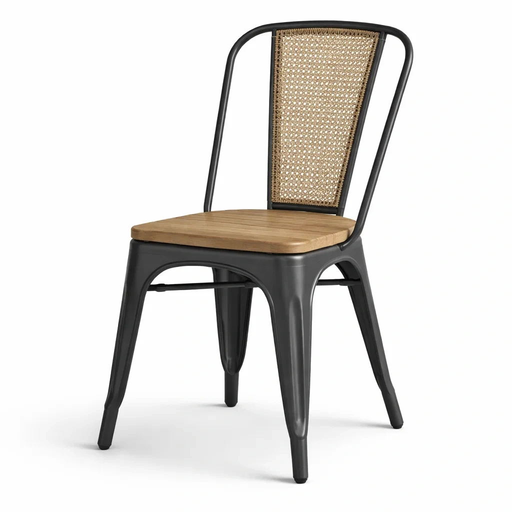Sedia da pranzo in metallo con seduta in legno e schienale in rattan-DREAMCHICNEST