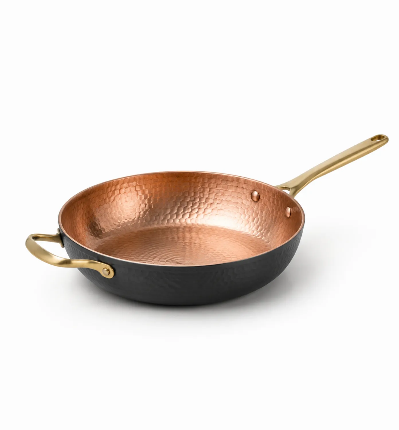 Sartén de Cobre Martillado con Asas de Latón Dorado