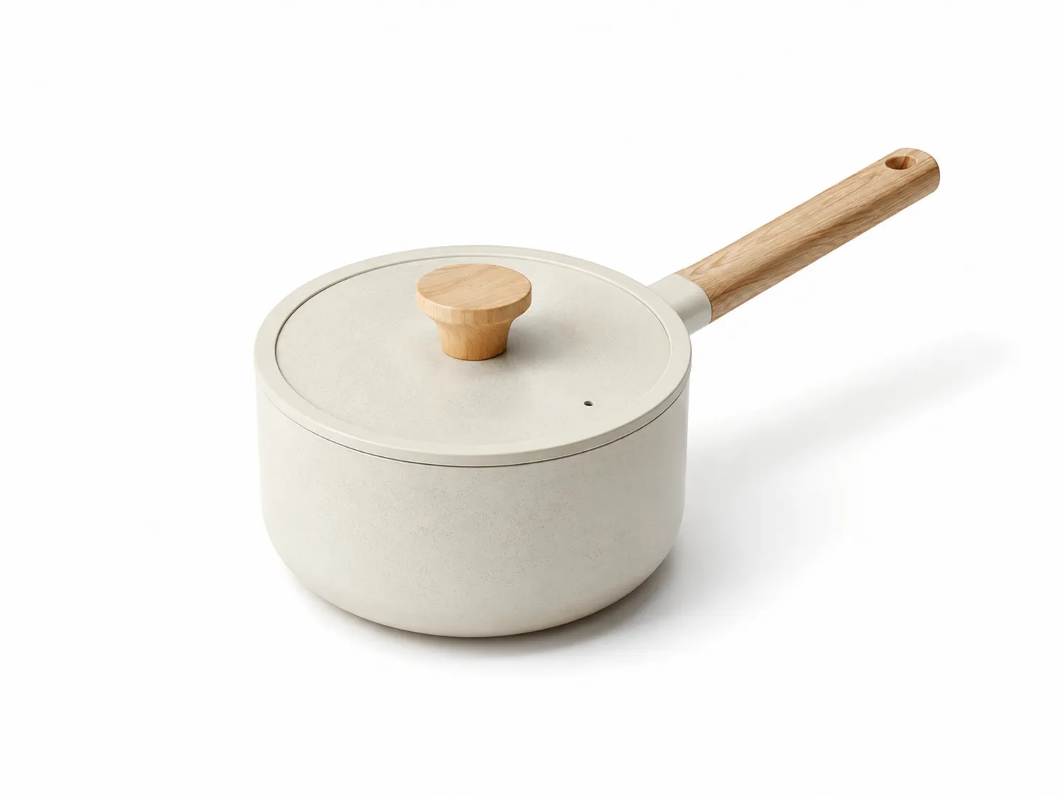 Cazo Antiadherente Blanco con Tapa y Mango de Madera