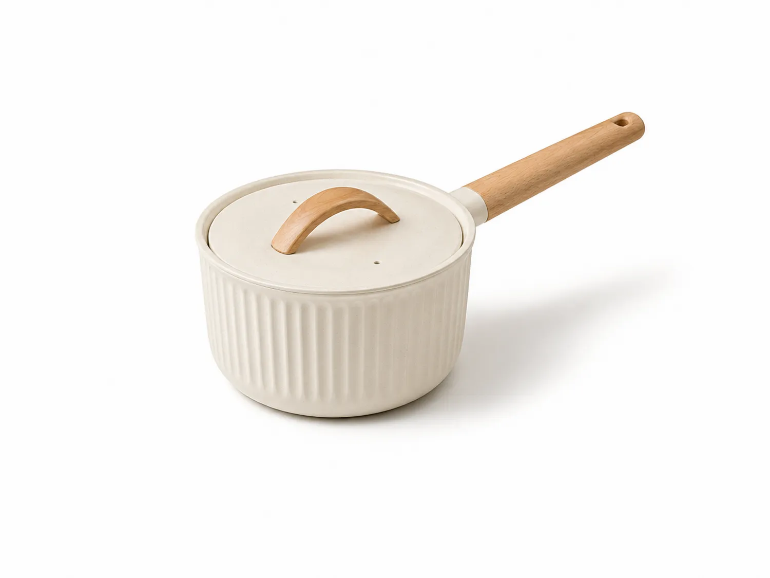 Cazo de Cerámica con Tapa 1.5L Blanco Mango de Madera