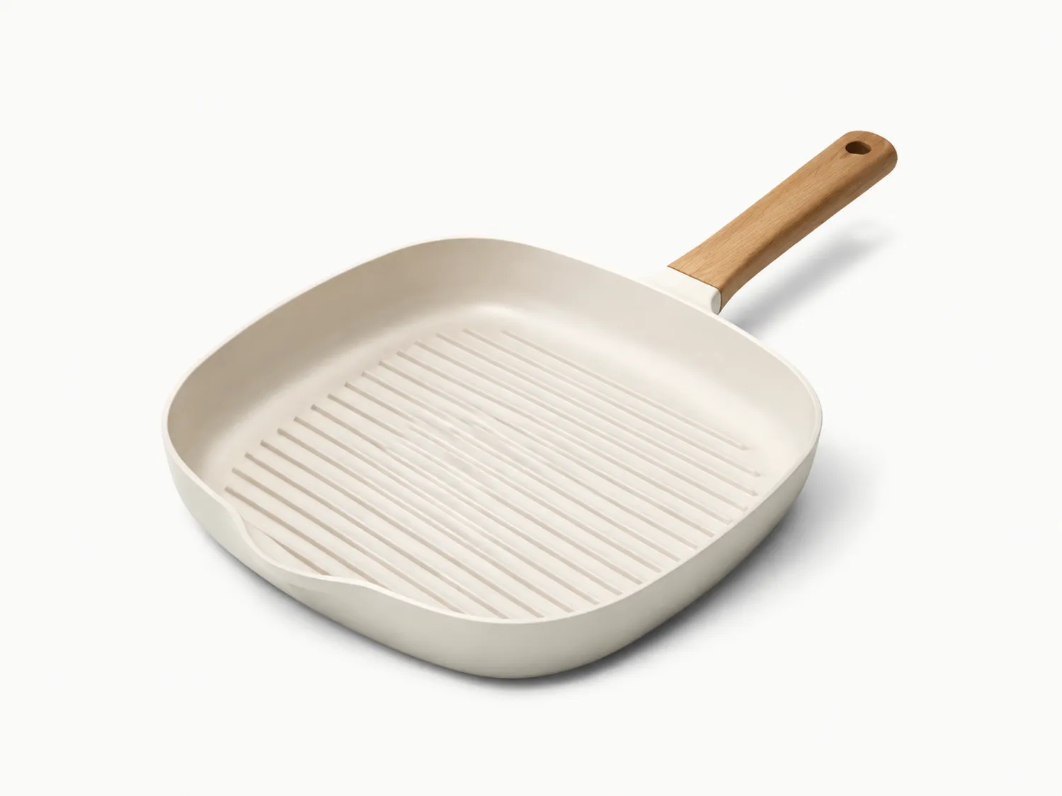 Parrilla Cuadrada Antiadherente Crema con Mango de Madera