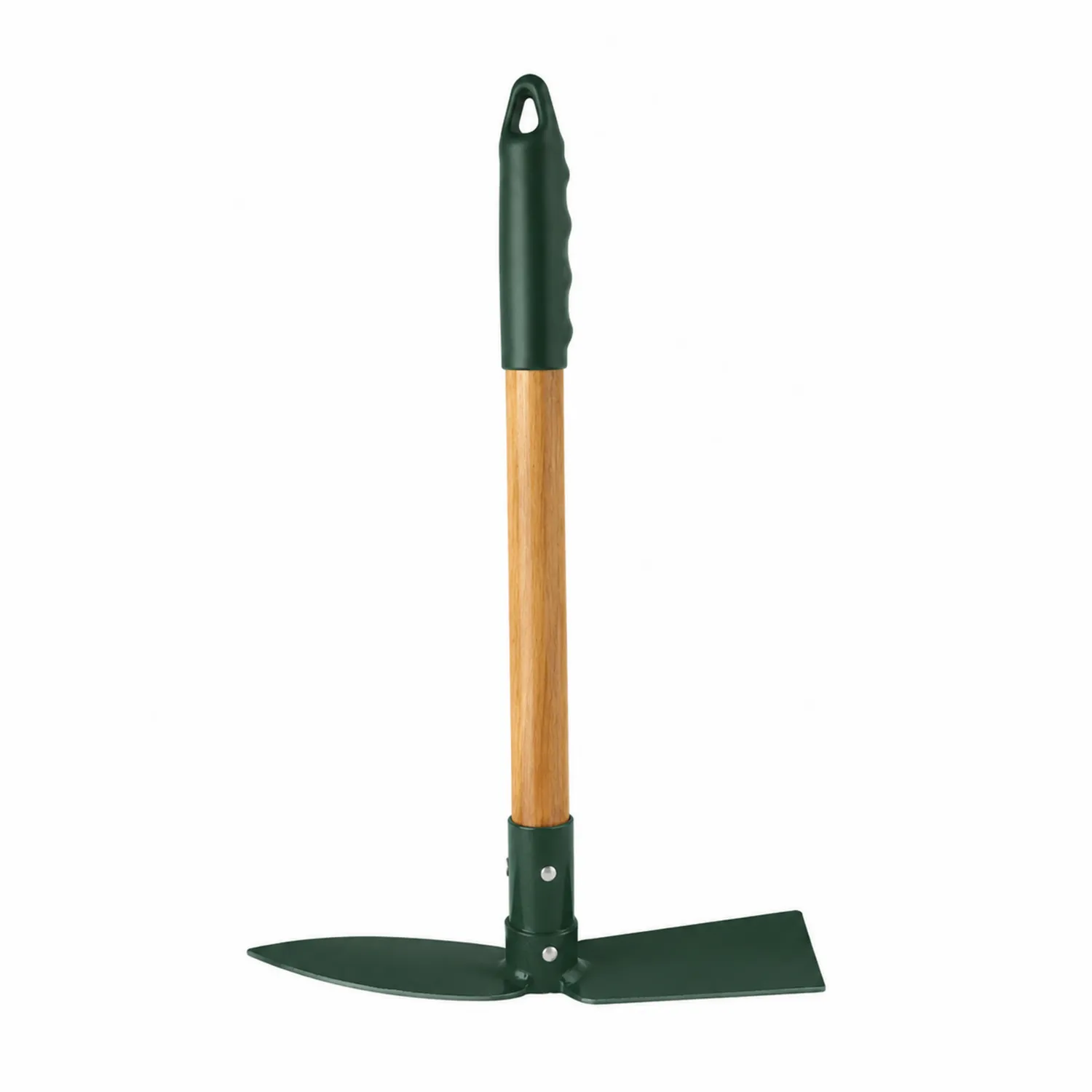 Azada de Jardinería de Doble Cabeza con Mango de Madera y Empuñadura Verde