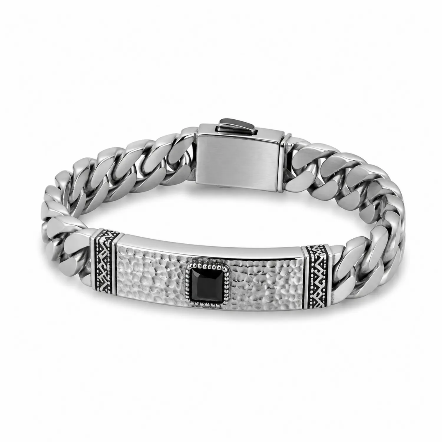 Bracelet en acier inoxydable argenté et noir avec maillon cubain pour homme