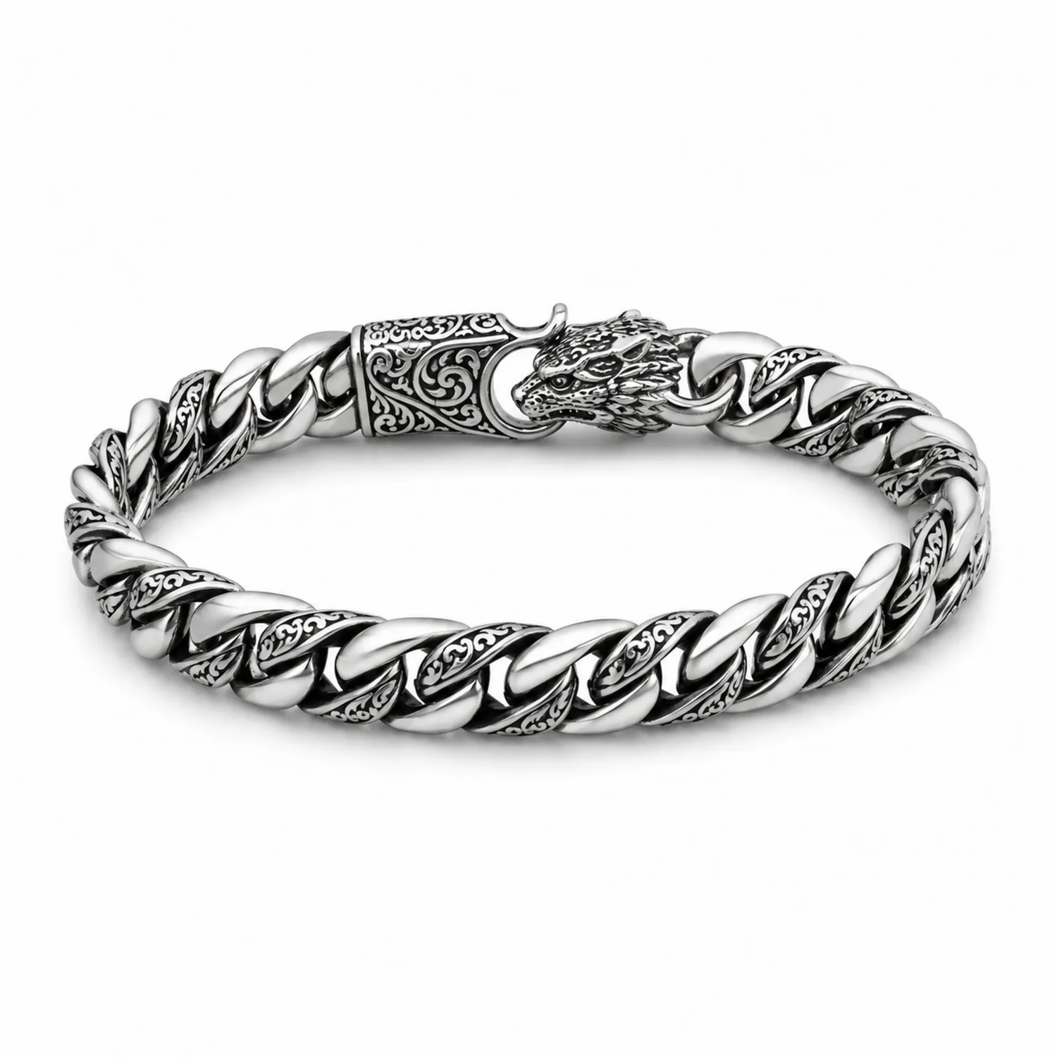 Bracelet chaîne dragon argenté sculpté