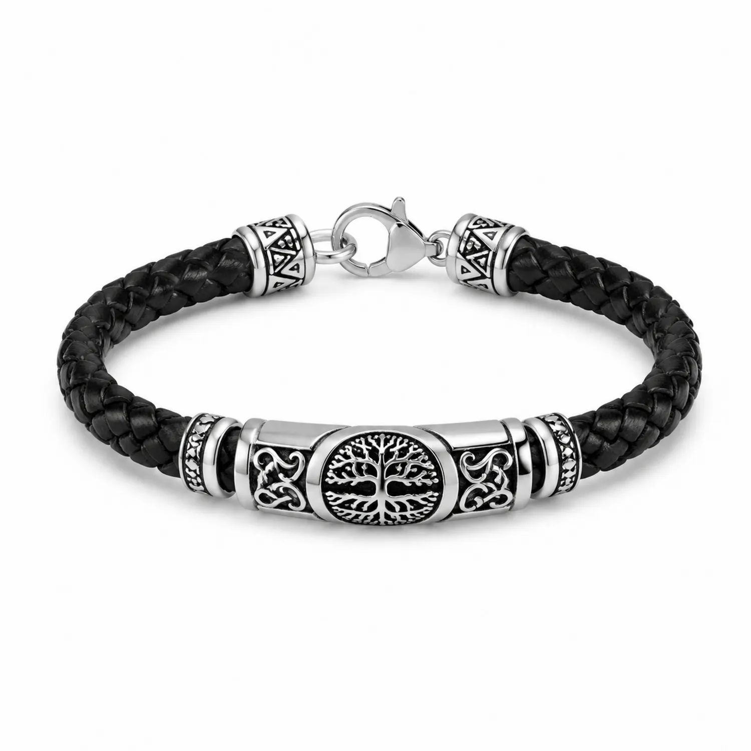 Bracelet en cuir tressé noir avec arbre de vie pour homme