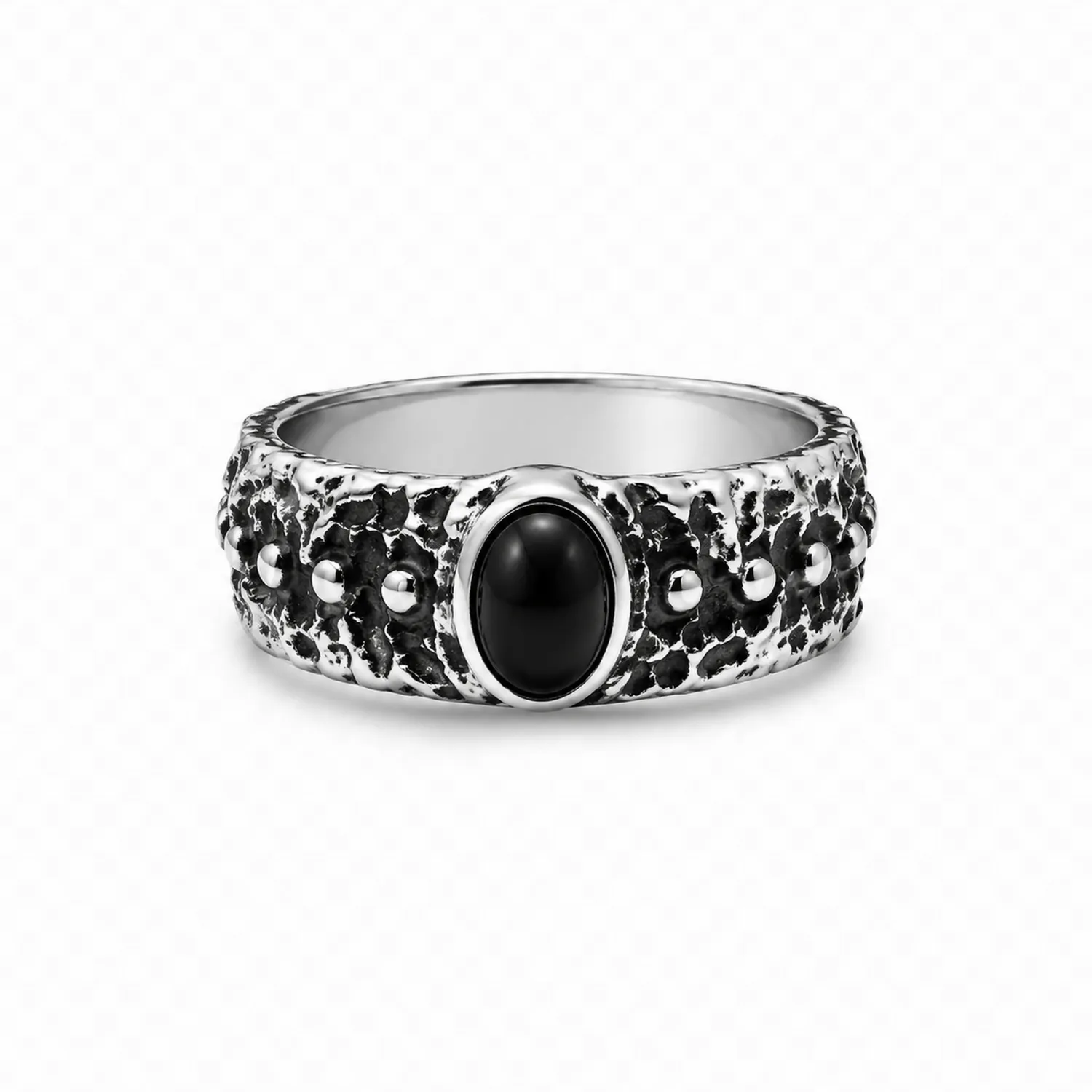 Bague en argent avec pierre noire centrale
