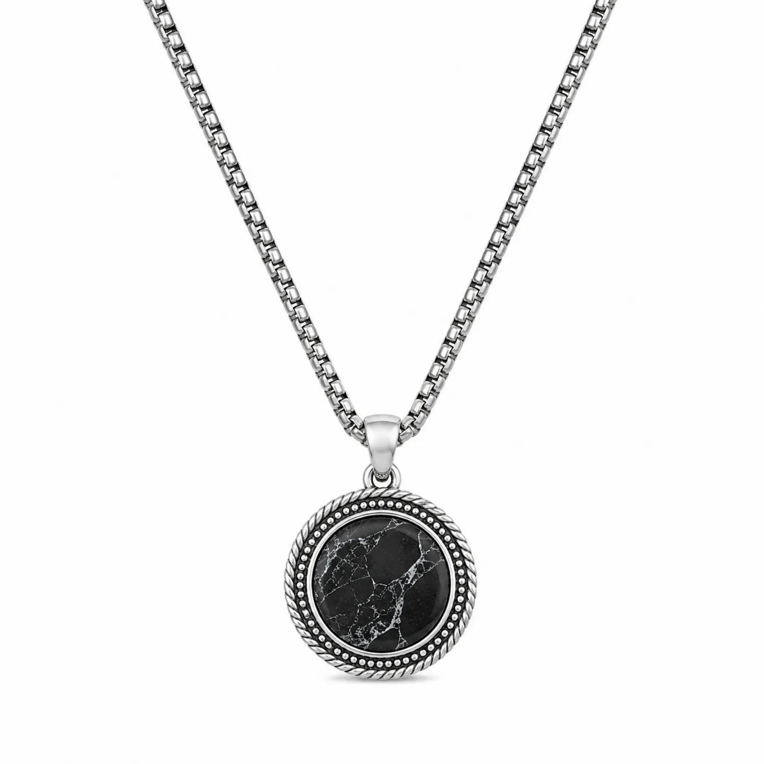 Collier Pendentif Rond Marbre Noir et Argent avec Chaîne en Acier