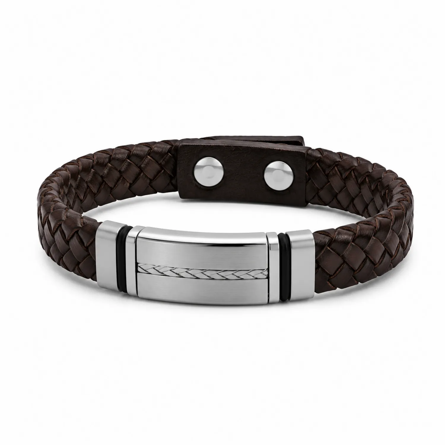 Bracelet en cuir tressé marron avec plaque en acier inoxydable