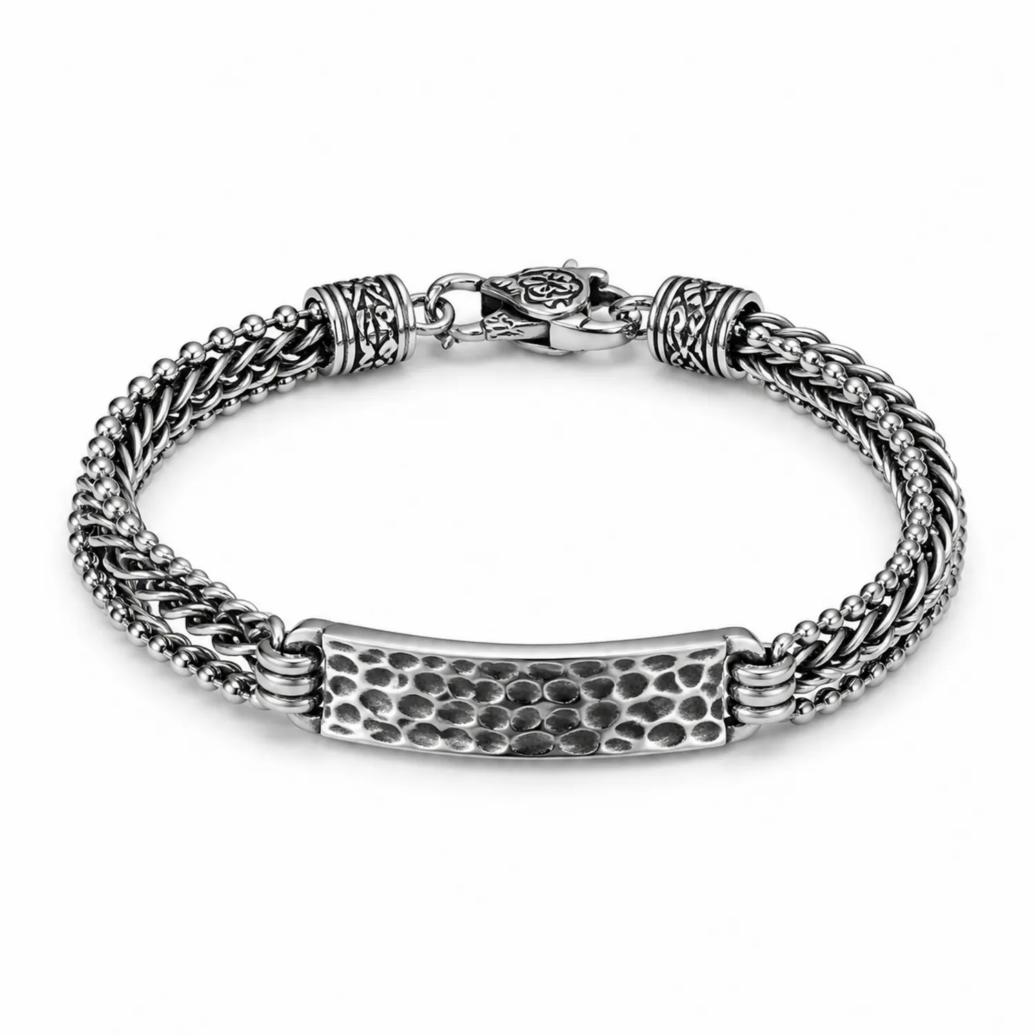 Bracelet Tressé en Argent avec Plaque Martelée