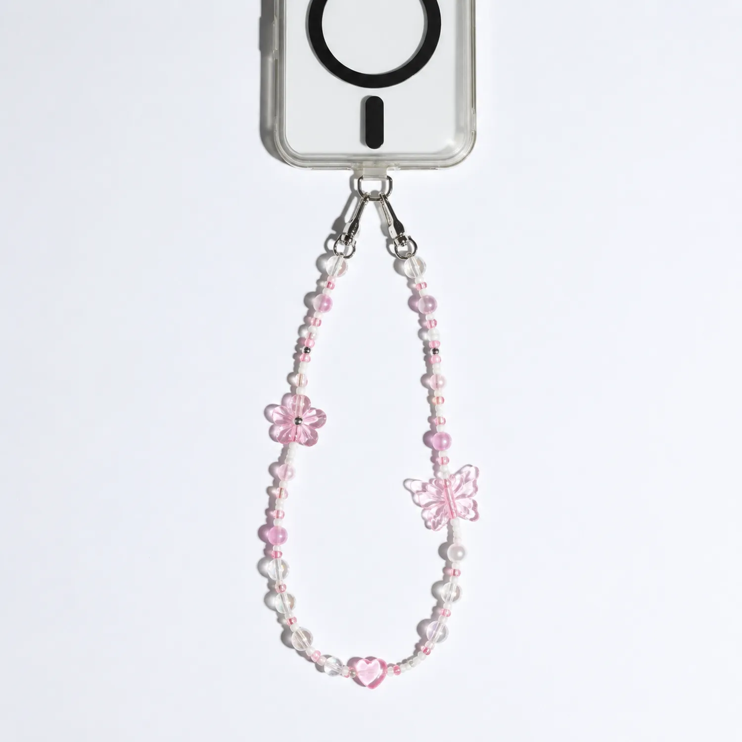 Bracelet Décoratif pour Téléphone avec Perles Roses et Papillon