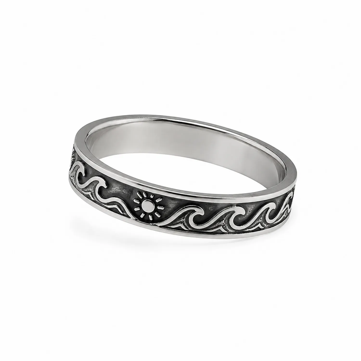 Bague unisexe motifs soleil et vagues argent