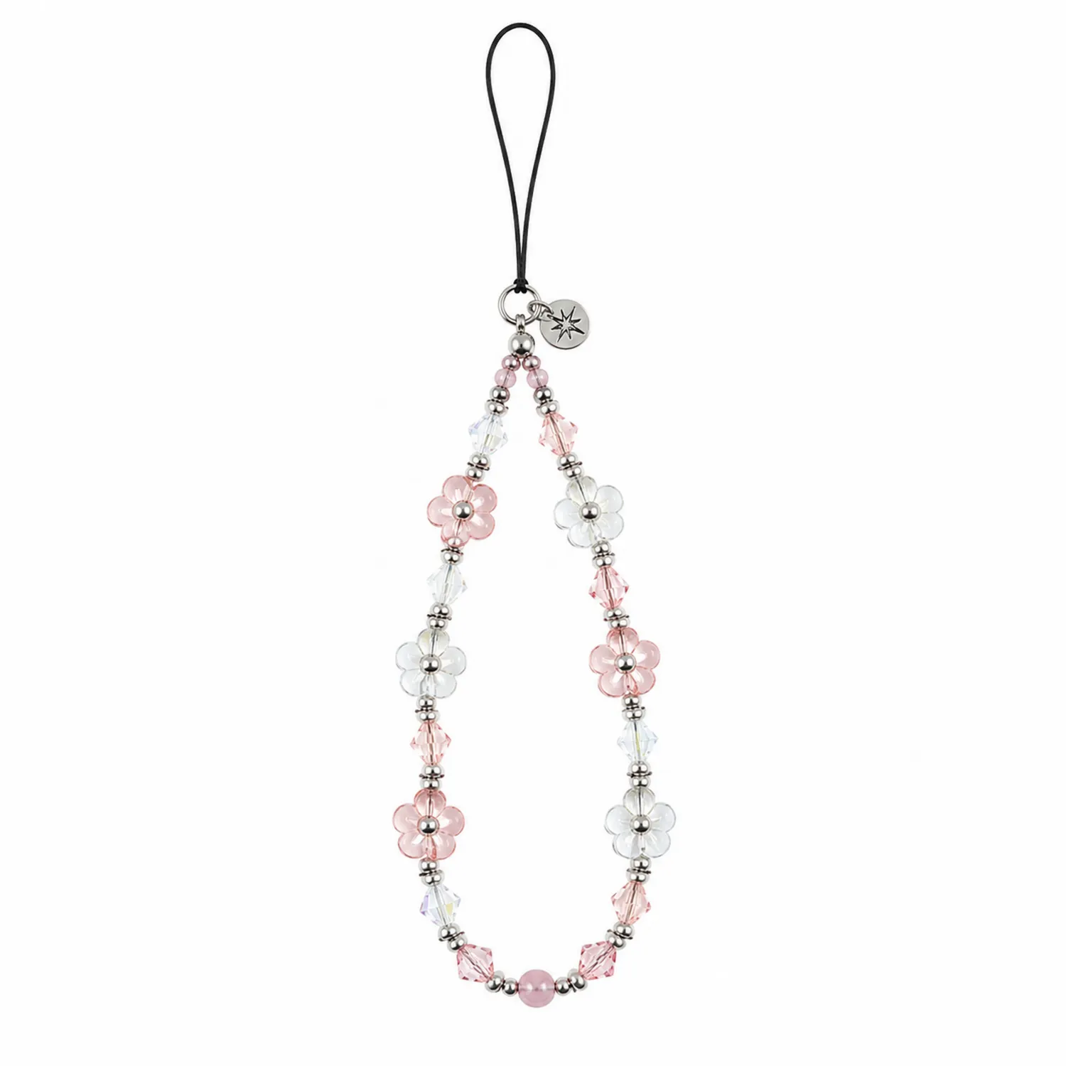 Bracelet de téléphone avec perles fleurs roses et transparentes