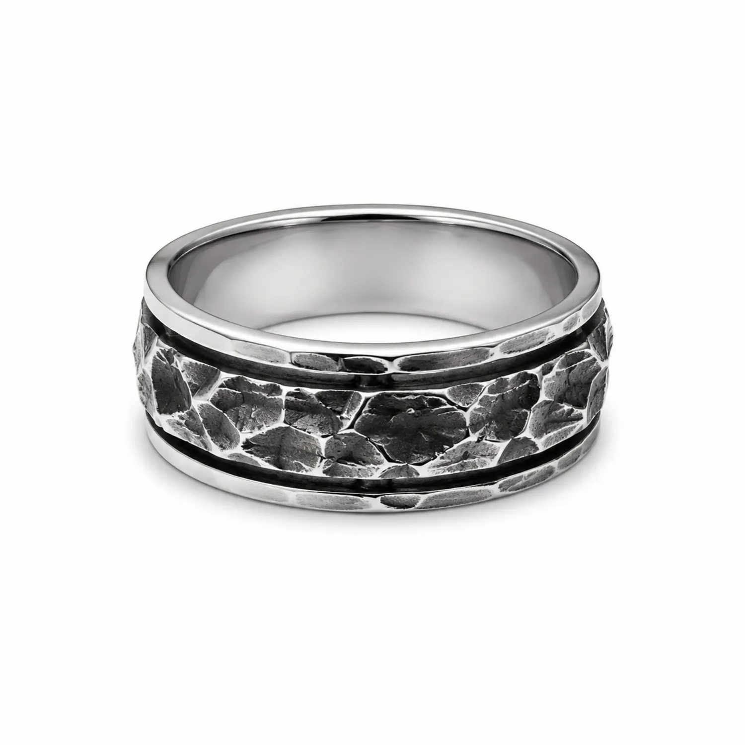 Bague pour homme texture martelée argenté et noir