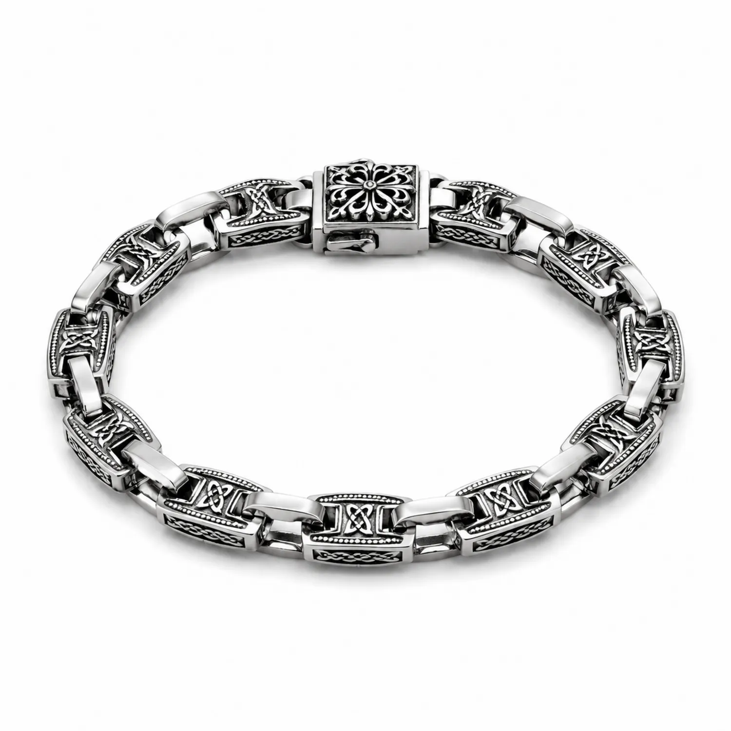 Bracelet homme vintage avec motifs gravés argenté