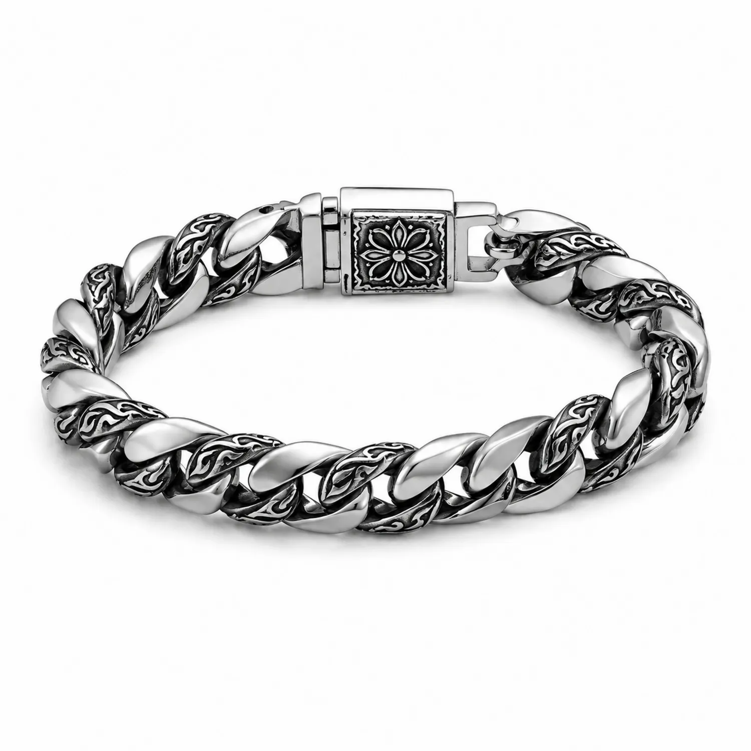 Bracelet chaînette homme argent avec motifs gravés