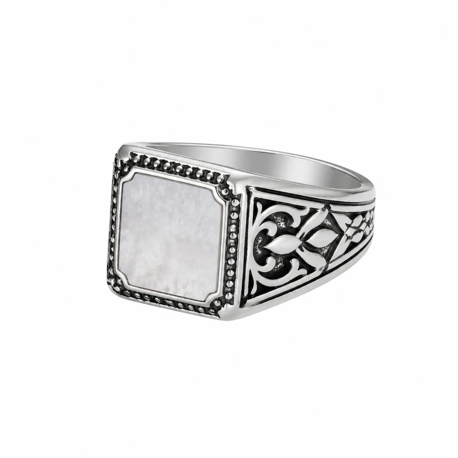 Bague en Argent pour Homme avec Pierre Carrée Blanche