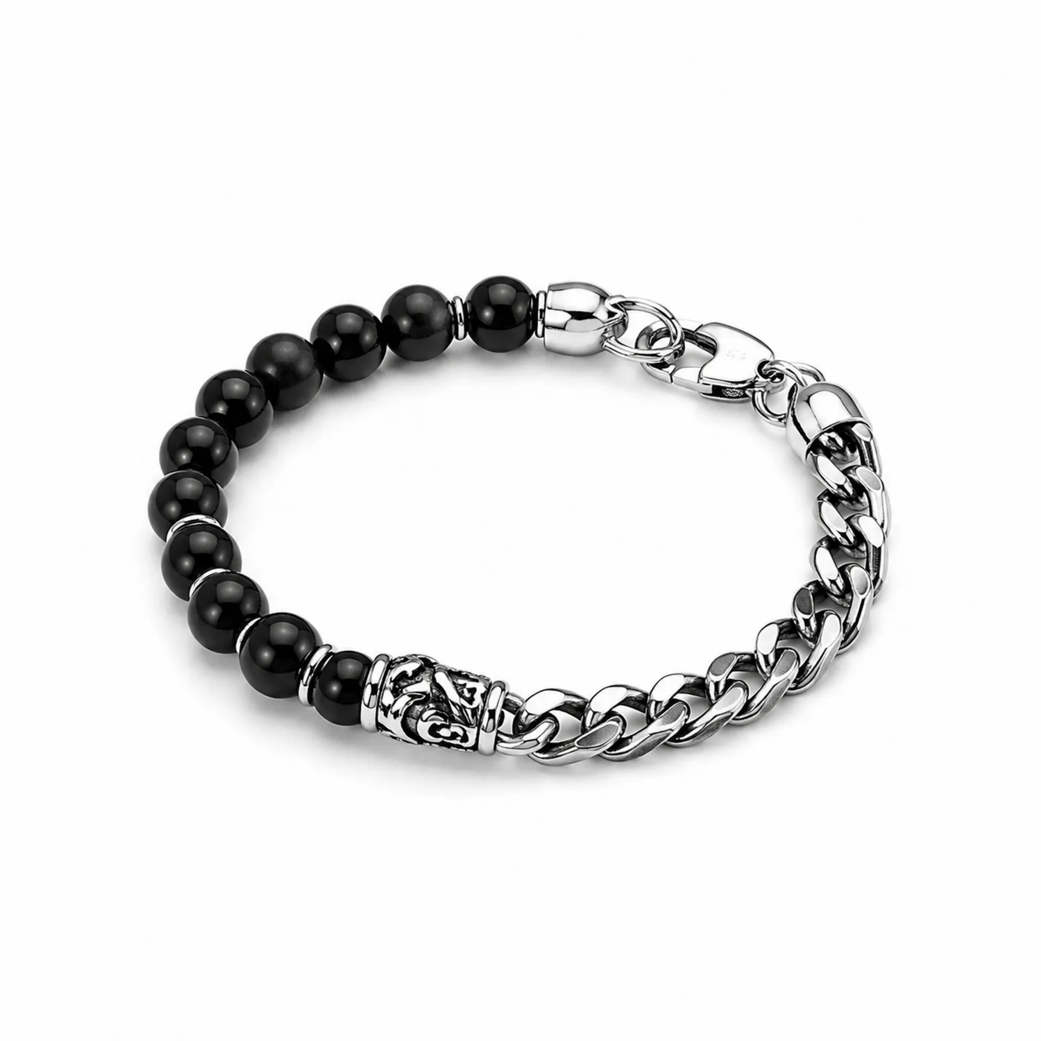 Bracelet pour homme en perles noires et maillons argentés