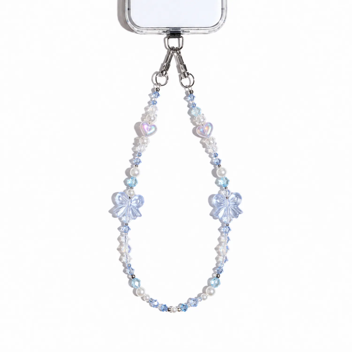 Cordon de téléphone en perles bleu clair avec papillons
