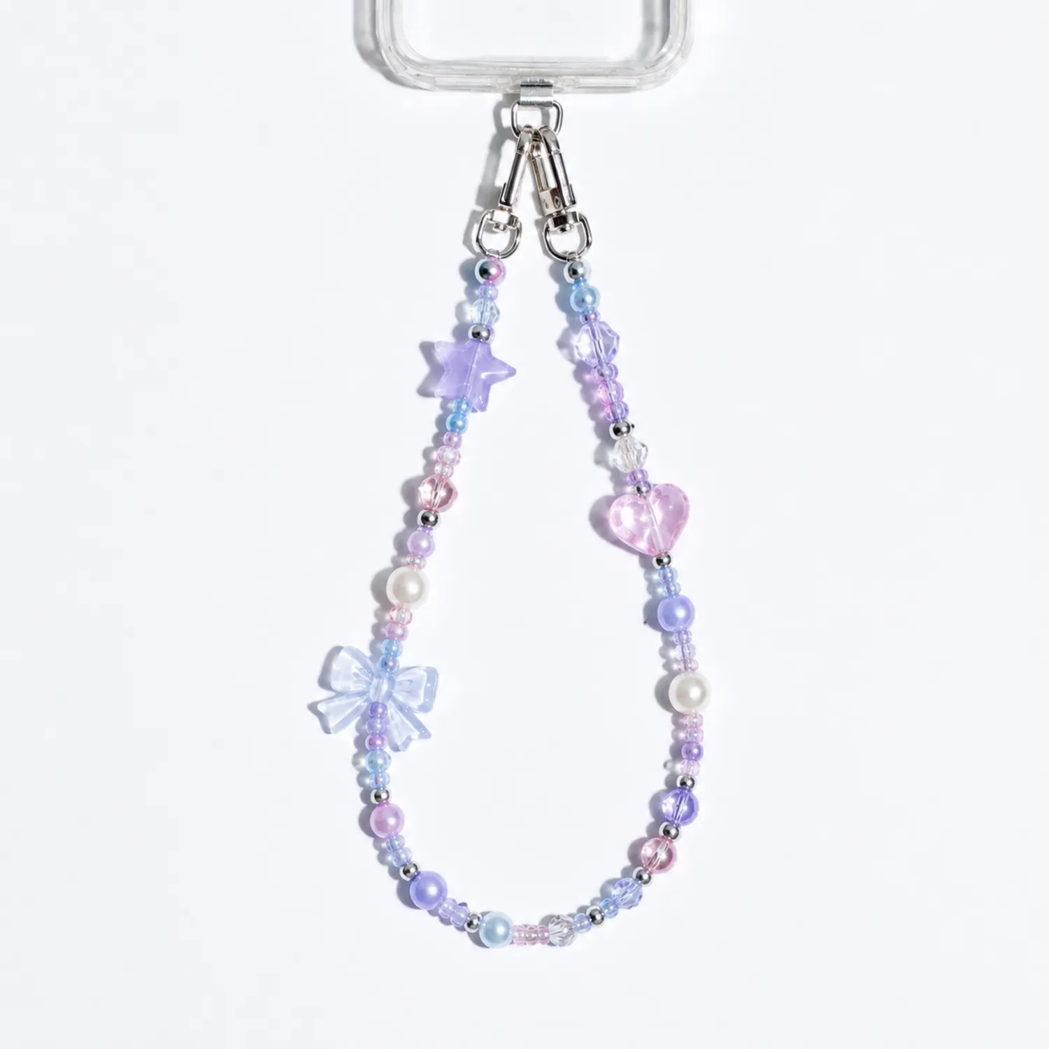 Chaîne de téléphone en perles multicolores avec motifs fantaisie - Rose, Bleu, Violet