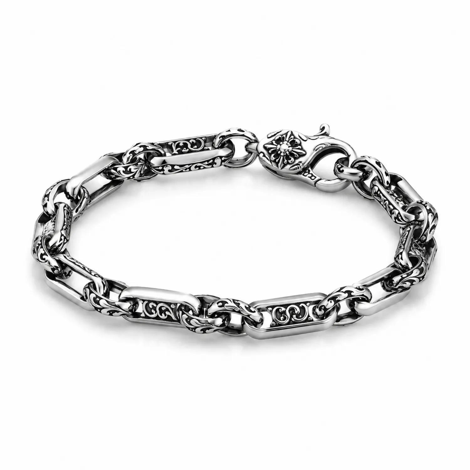Bracelet en chaîne argenté avec motif sculpté