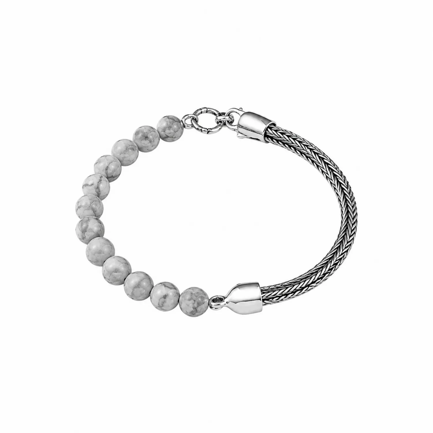 Bracelet élégant en perles naturelles et métal tressé argenté