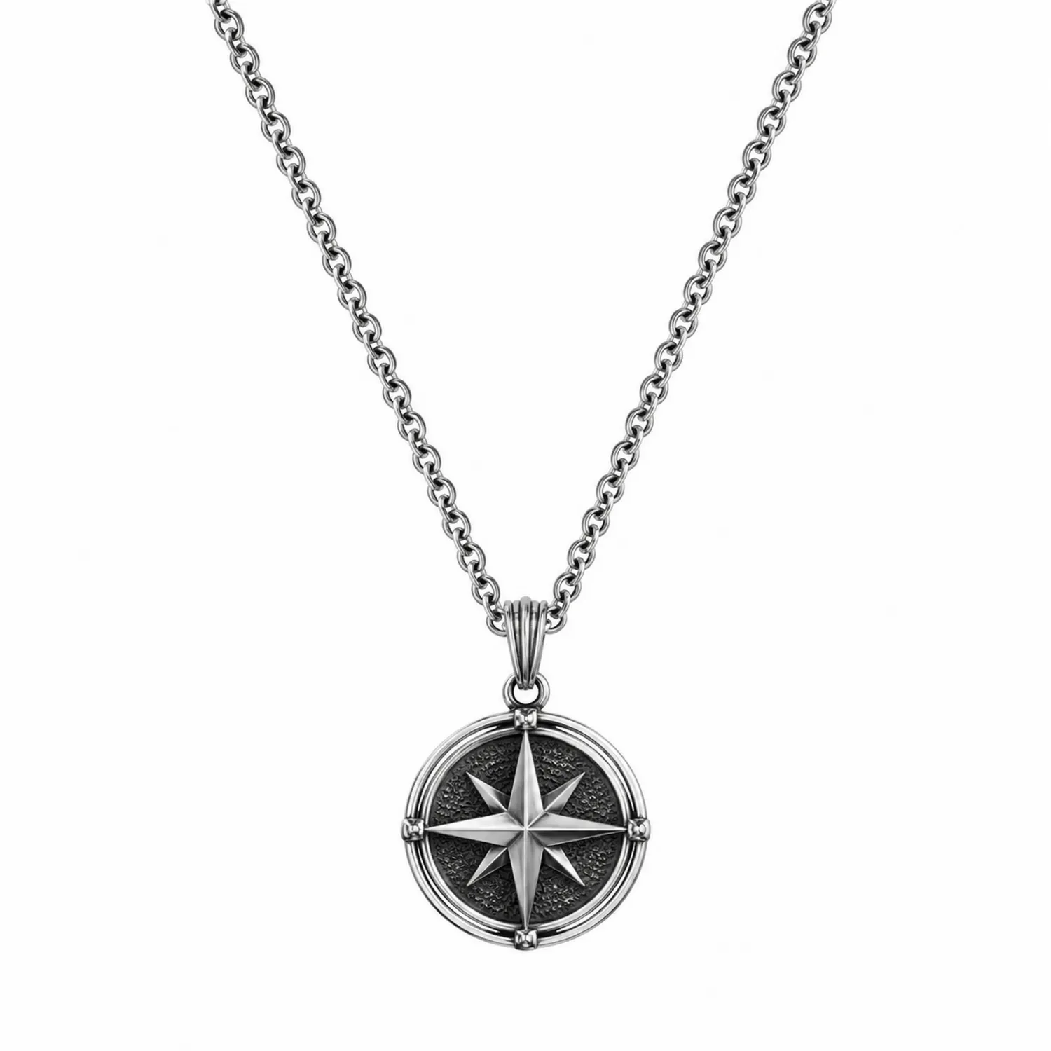 Collier Pendentif Compass en Acier Inoxydable Argent