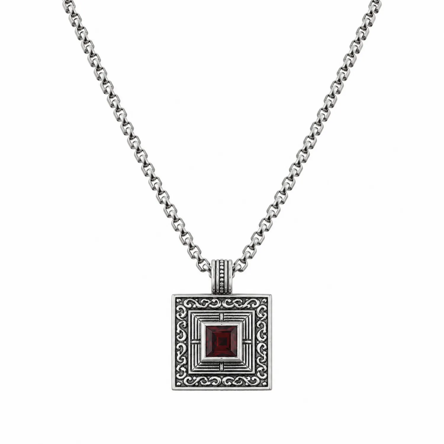 Collier Pendentif Carré avec Pierre Rouge