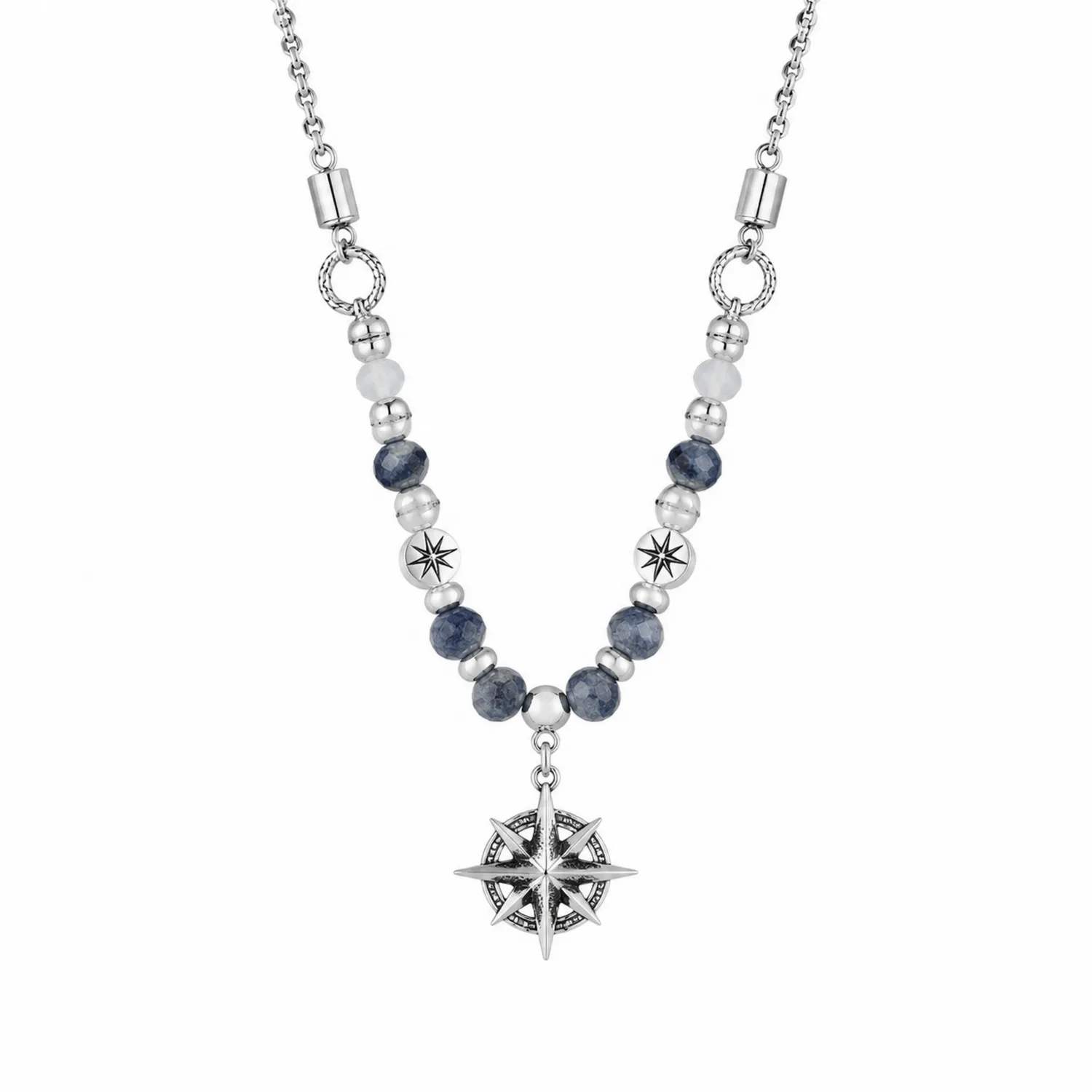 Collier avec perles bleu et argent et pendentif étoile boussole