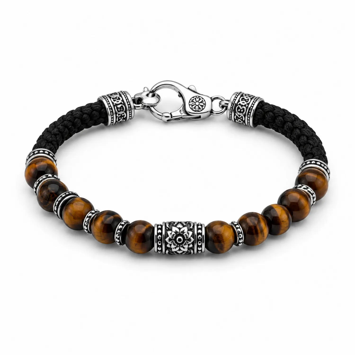 Bracelet en Œil de Tigre avec Corde Tressée Noire et Fermoir Mousqueton