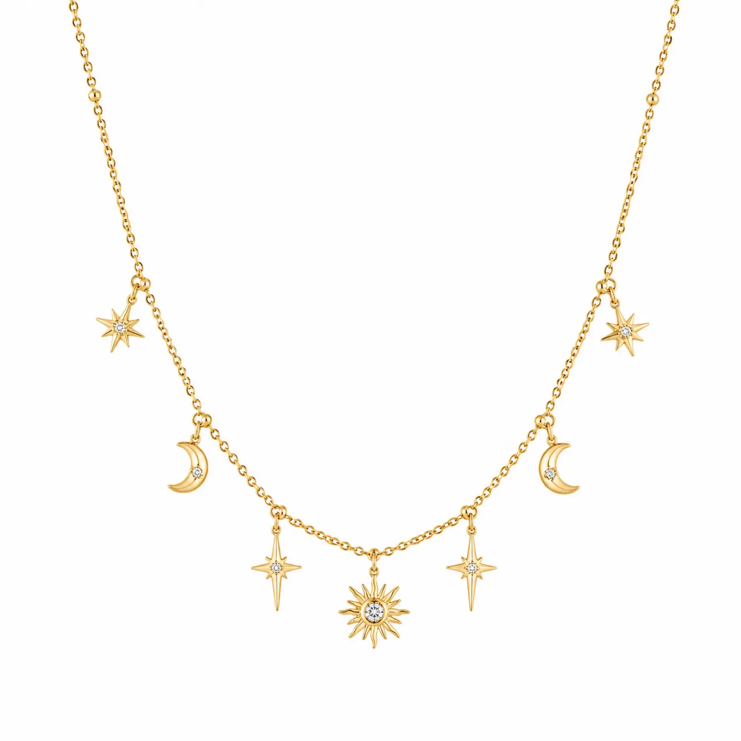 Collier doré avec pendentifs lune, étoile et soleil