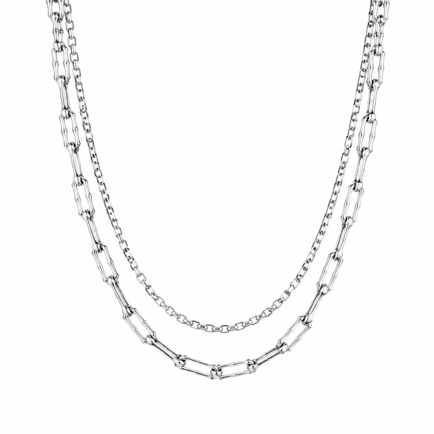 Collier superposé double chaîne argenté