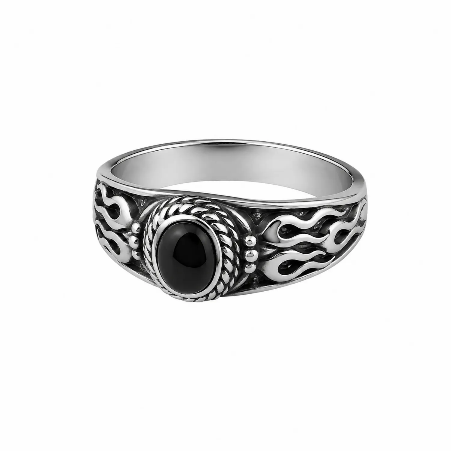 Bague Argent avec Pierre Centrale Noire et Motif Flamme