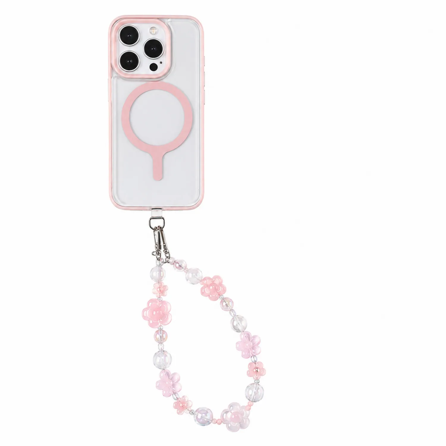 Étui de Téléphone avec Bracelet Perlé Rose et Transparent