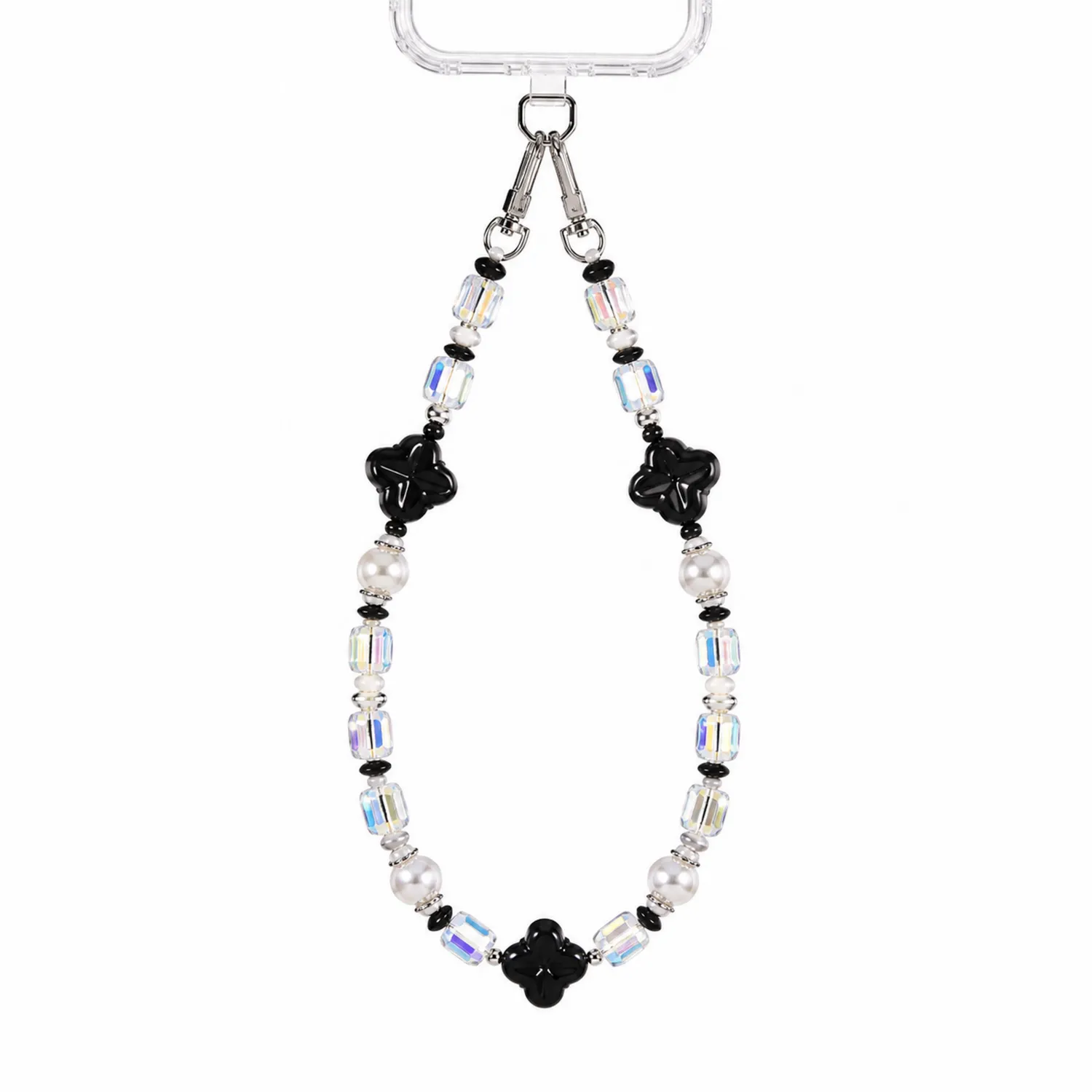 Chaîne de Téléphone avec Perles Noires, Blanches et Transparentes