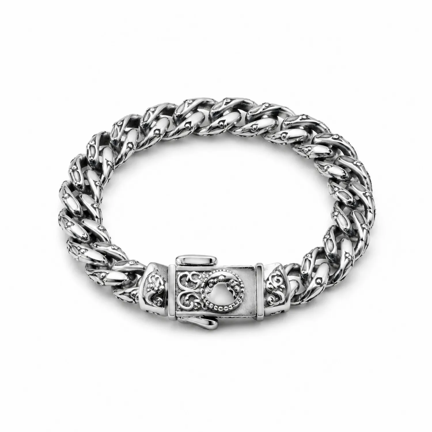 Bracelet chaîne homme en argent avec motifs gravés