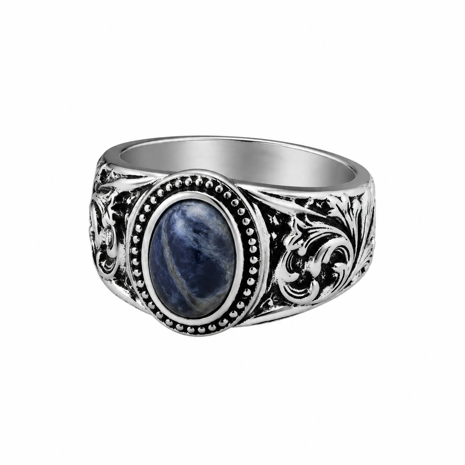Bague Homme Vintage Pierre Bleue Argentée