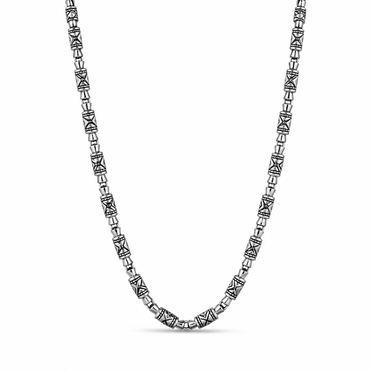 Collier en argent avec perles gravées, 55 cm