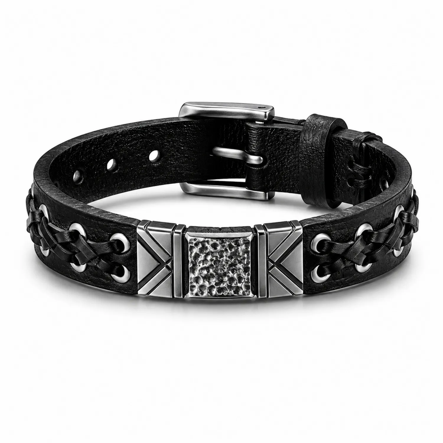 Bracelet Noir avec Inserts Métalliques et Détails Tressés