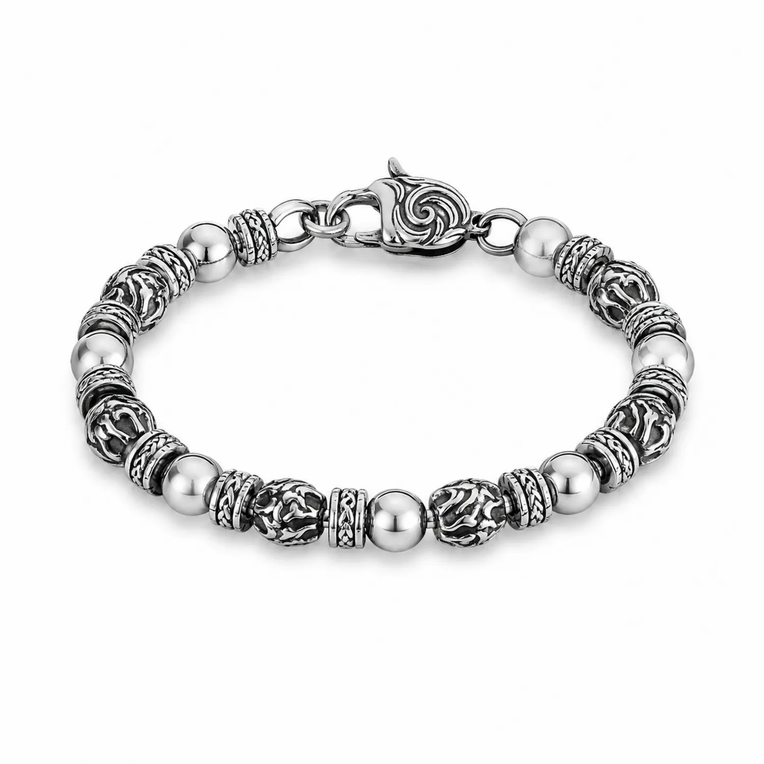 Bracelet en acier inoxydable avec perles sculptées argent
