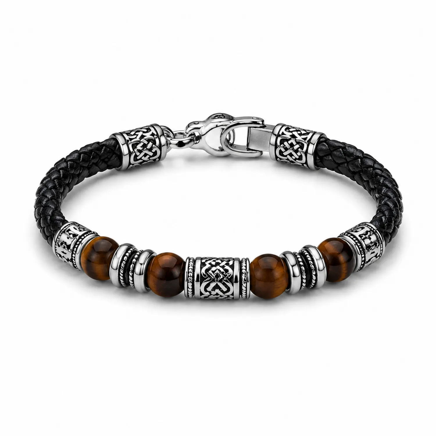 Bracelet tressé en cuir noir avec perles marron et argent