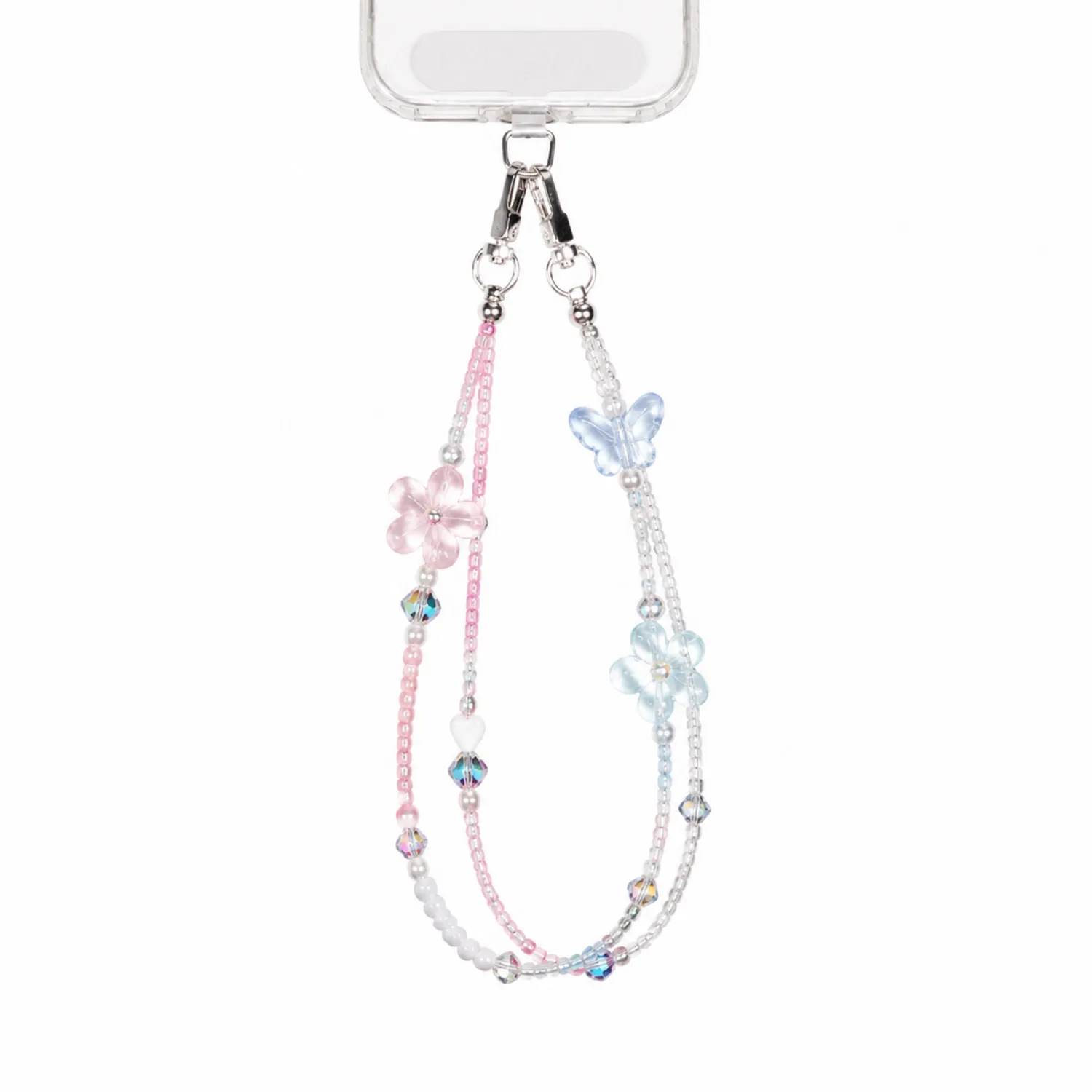 Chaîne de Téléphone Perles Papillon et Fleur Rose Bleu