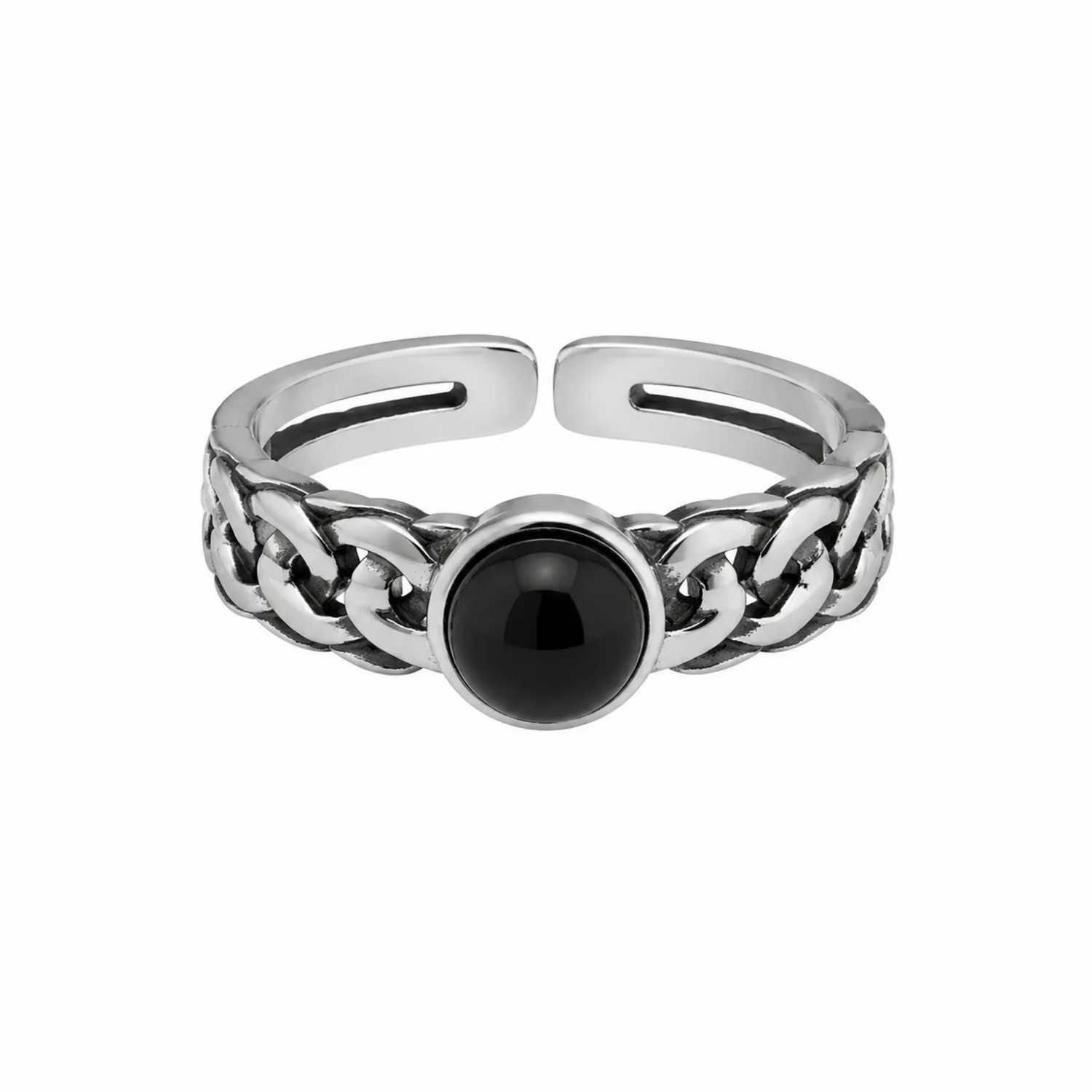 Bague réglable tressée argentée avec pierre noire