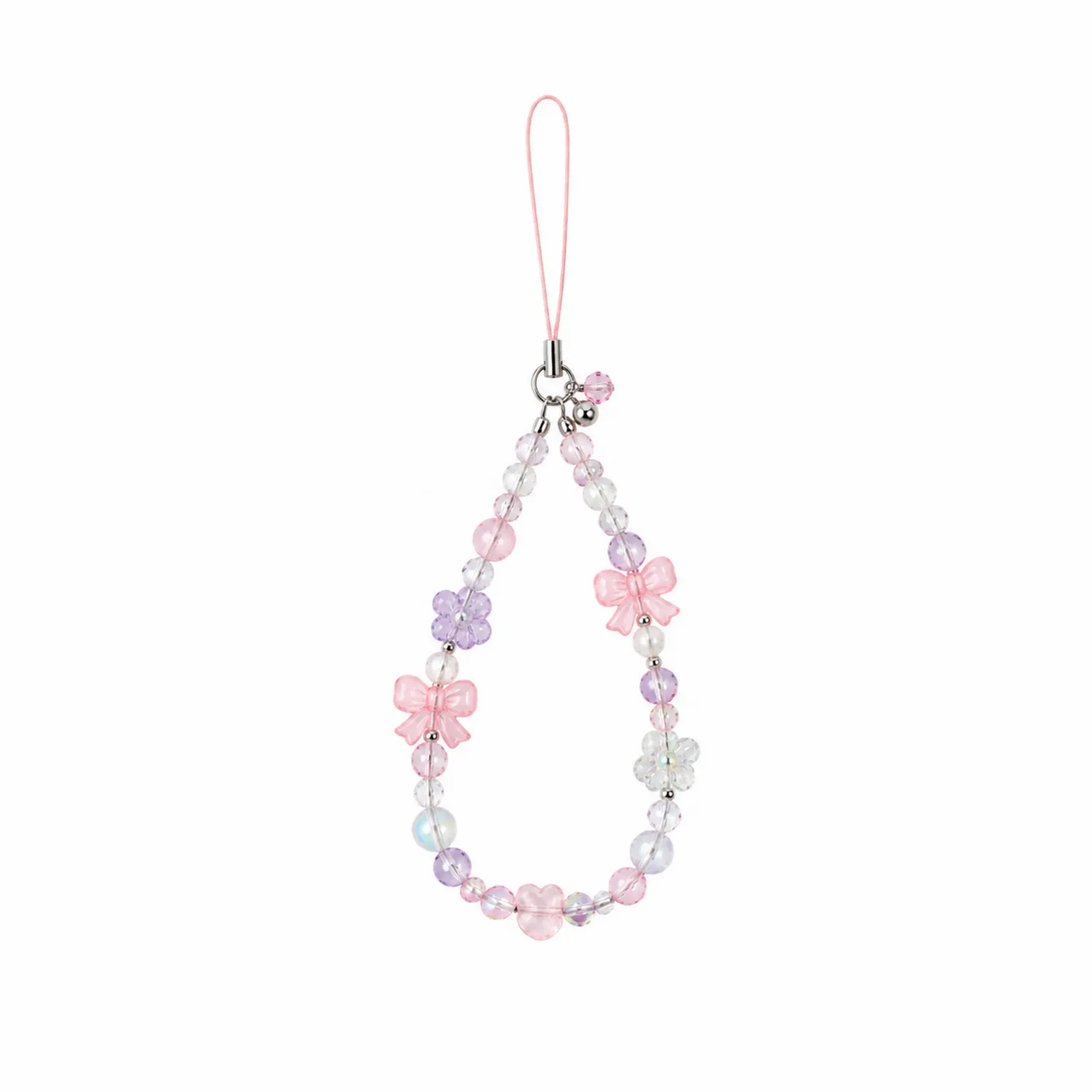 Bracelet de téléphone avec perles roses et violettes - Motif nœuds et fleurs